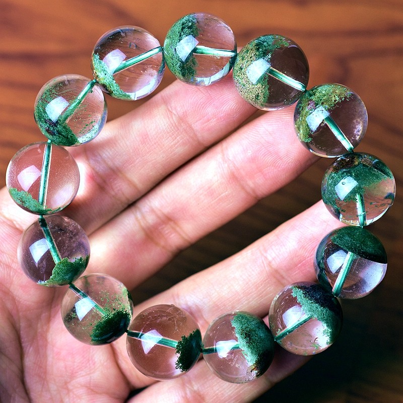 东海水晶 顶妃 绿幽灵手串 男女款一物一图聚宝盆 千层沙满绿绿水晶