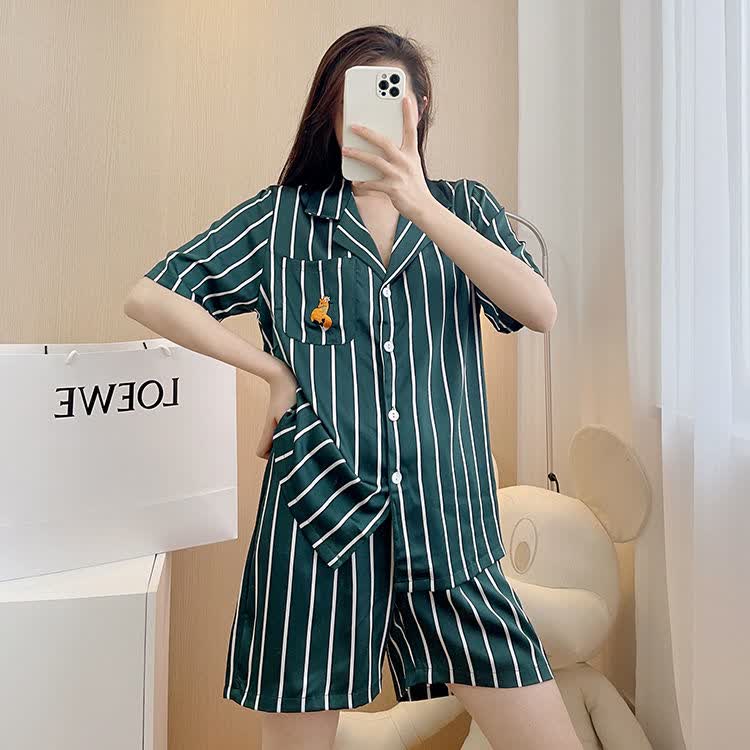 张艺兴同款野兽派睡衣女夏冰丝短袖短裤小怪兽条纹情侣家居服杨紫*