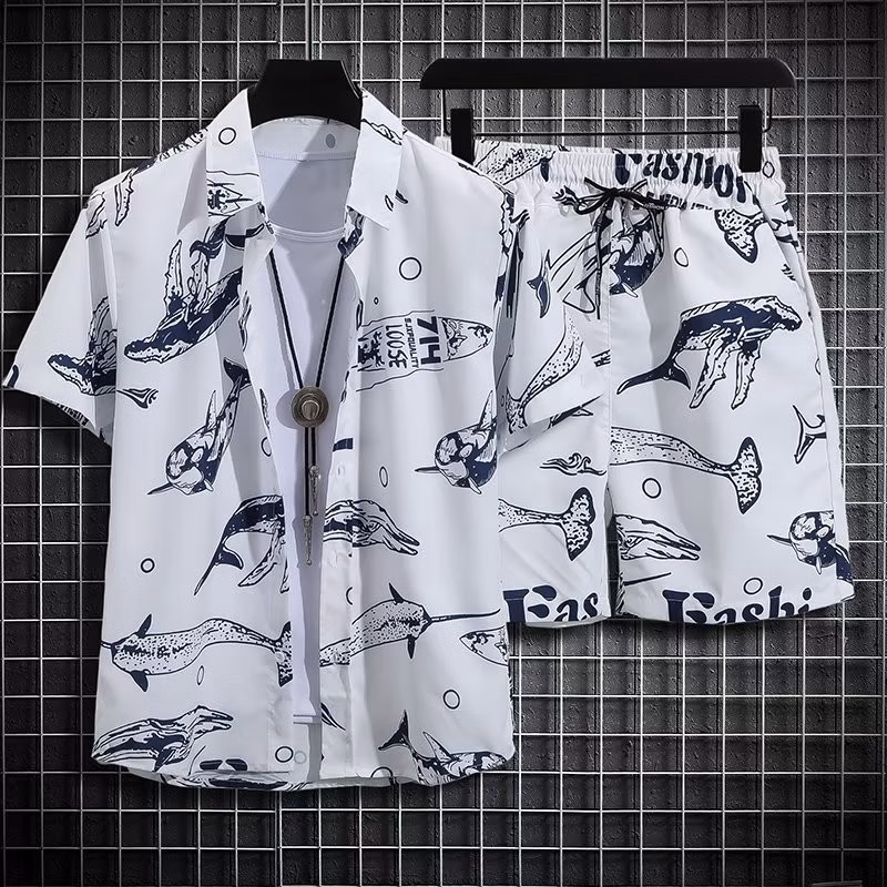 Casual Printed Shirt Men's Summer Beach Shorts Short-sleeved Two-piece Suit Loose Trend Handsome Hawaiian Vacation Shirt Men_viptrois.com