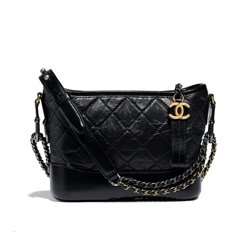 chanel香奈儿gabrielle系列流浪包帆布拼皮单肩斜挎手提背包黑