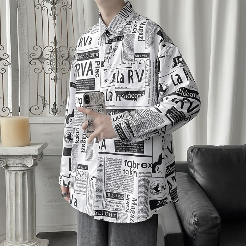 苏京猫报纸衬衫男长袖日系文艺宽松坠感秋季免烫抗皱花衬衣学生长袖35