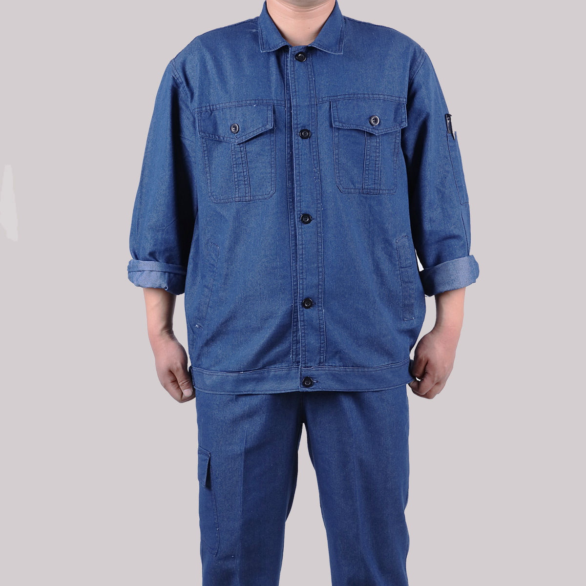 雷立行夏季薄款多兜工作服套装男牛仔上衣裤子电工电焊耐磨建筑工地