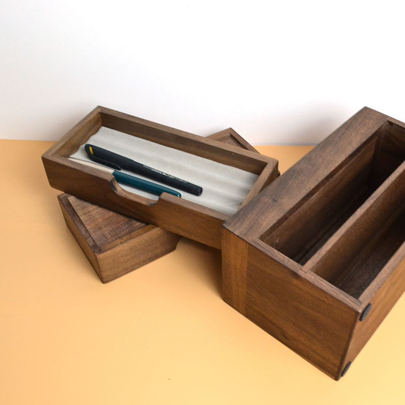 北美黑胡桃木钢笔收纳盒桌面实木文具盒日式抽屉式木质笔盒 双层 凹槽