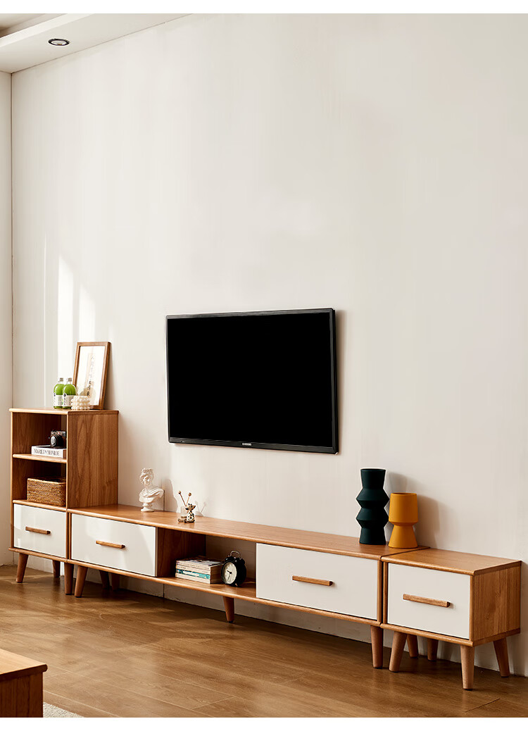 北欧实木电视柜茶几组合简约现代客厅家具窄小户型拼色电视机柜橡木色