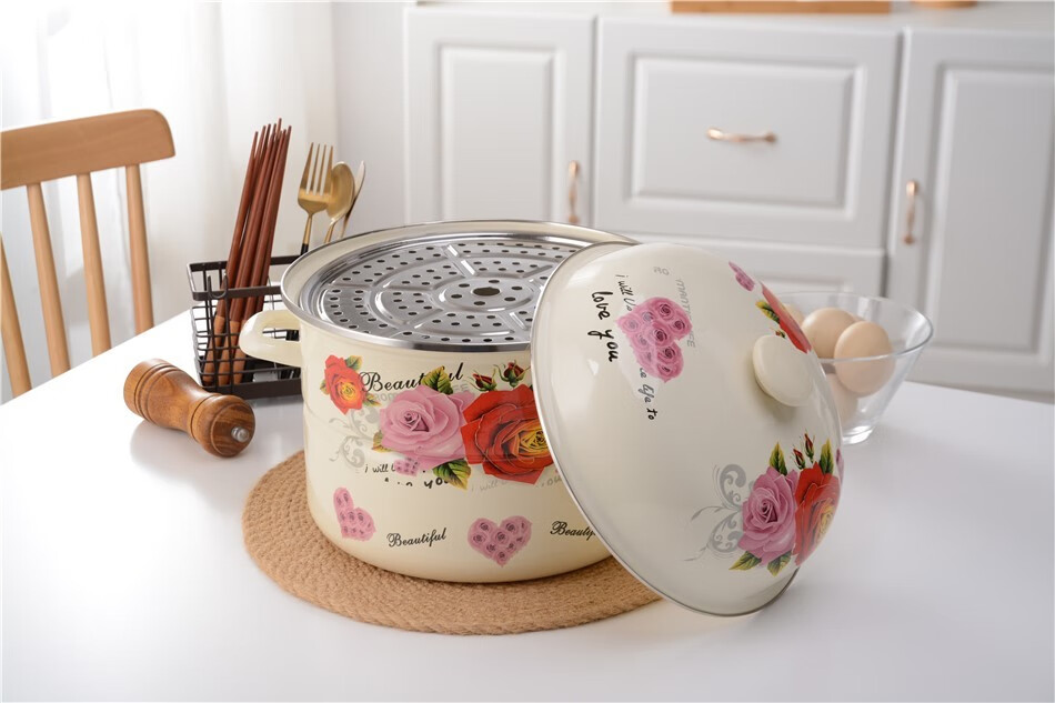 嘉利萨 加厚超大容量双层搪瓷蒸锅两层篦子老式搪瓷锅蒸锅过年蒸馒头