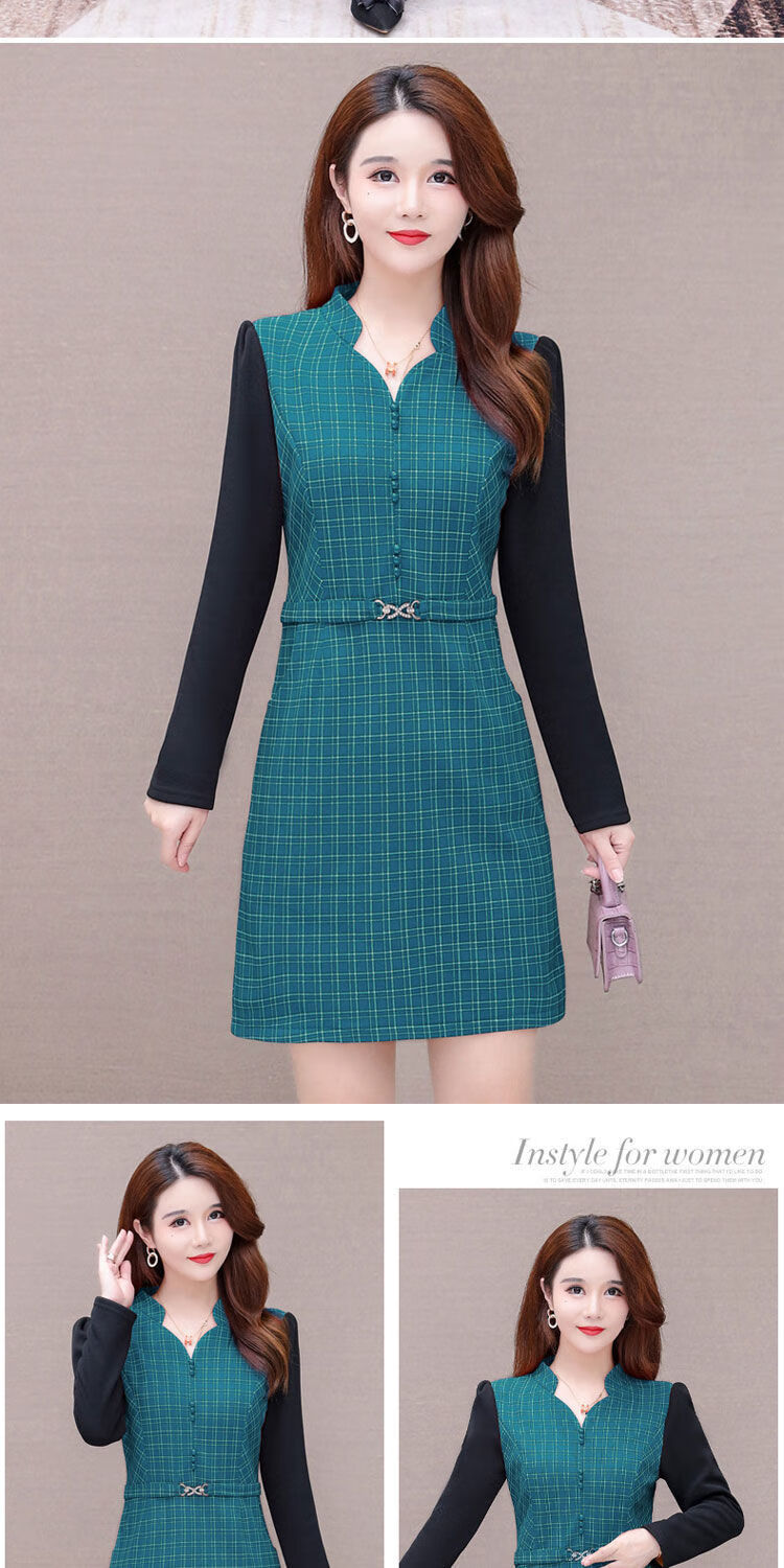 连衣裙女冬季新款连衣裙女秋冬洋气加绒高档收腰长袖格子减龄冬裙子