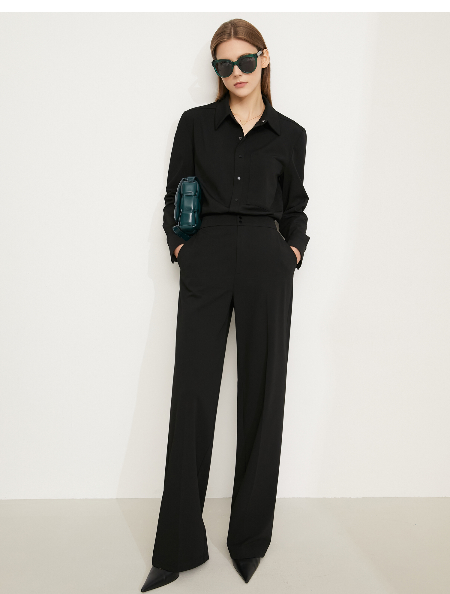 amii极简衬衫西裤两件套女秋新款长袖衬衫直筒休闲长裤套装冷紫色衬衫