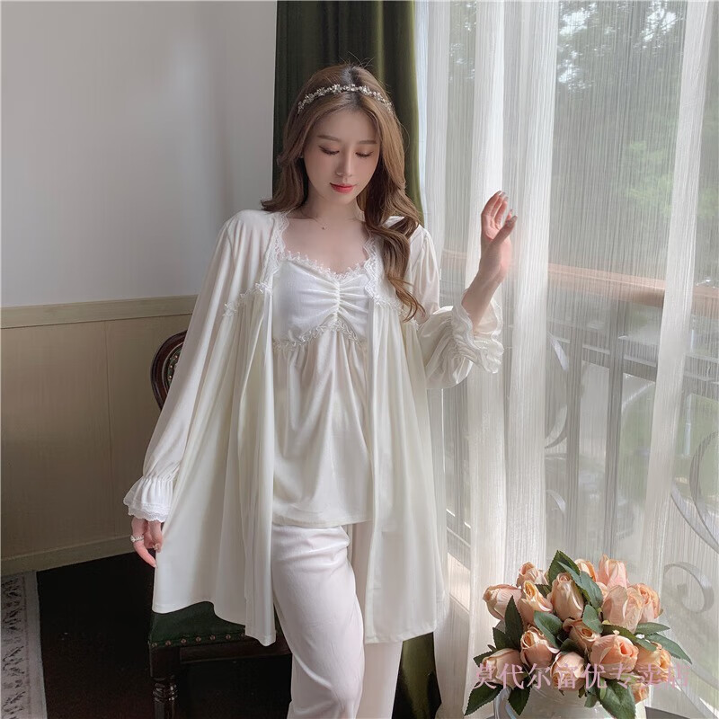 莫代尔秋冬季唯美性感情趣带胸垫抹胸吊带睡衣三件套睡衣女家居服