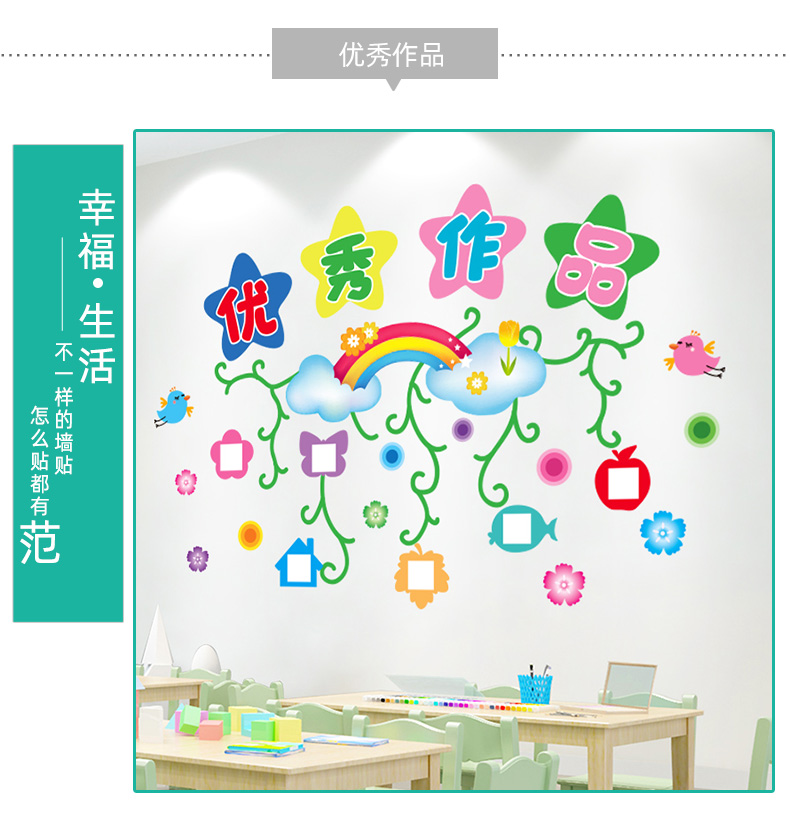 幼儿园教室布置班级文化墙装饰小学生成长主题墙面照片墙贴纸墙画植物