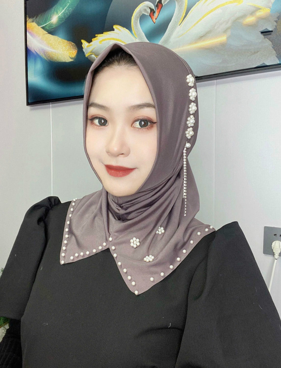 芭雅莲回族女人的套头纱新款小帽檐纱巾套头钉珠流苏头套方便盖头休闲