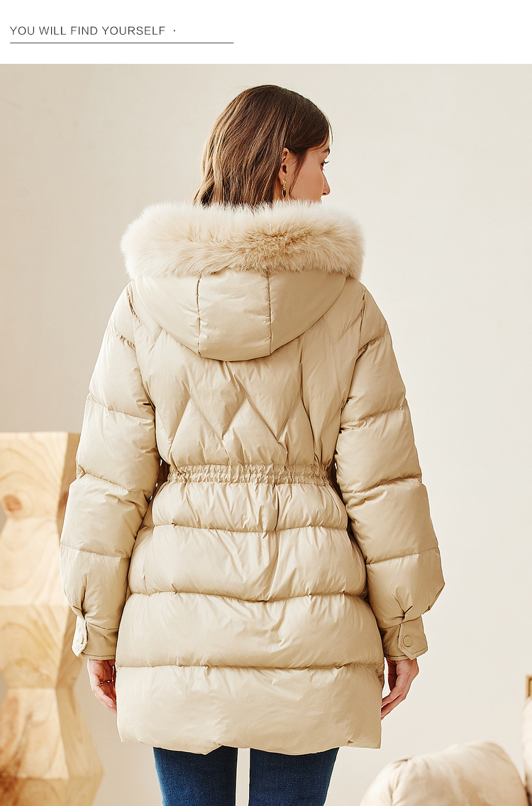 新款betu百图女装香槟金中长款收腰显瘦连帽羽绒服女2111t29香槟色m