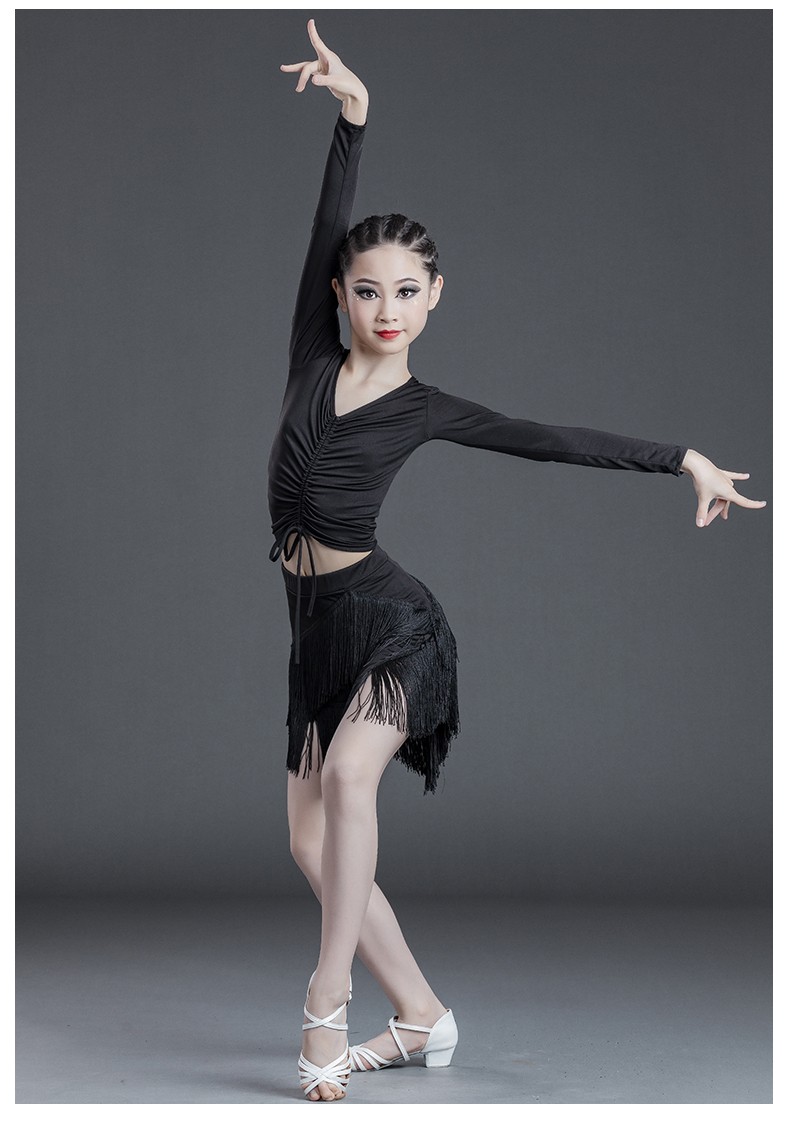 儿童拉丁舞训练服装练功比赛演出表演服拉丁考级服装流苏拉丁舞裙黑色