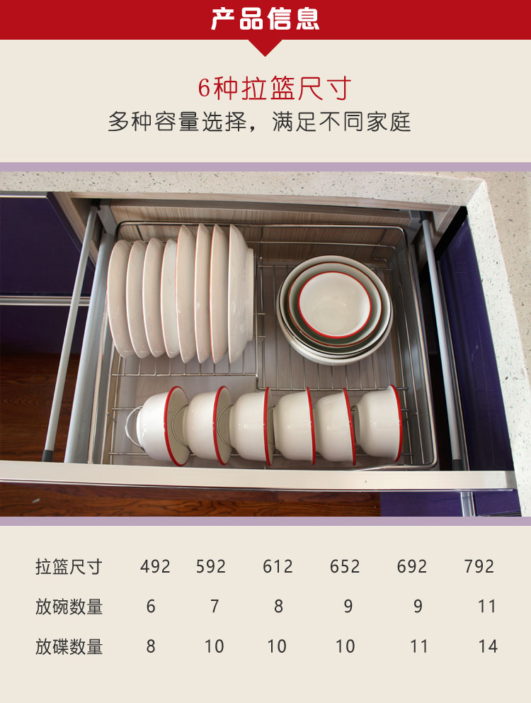 碗篮橱柜拉篮抽屉式沥水篮304不锈钢单层拉篮橱柜内置抽屉式碗碟收纳