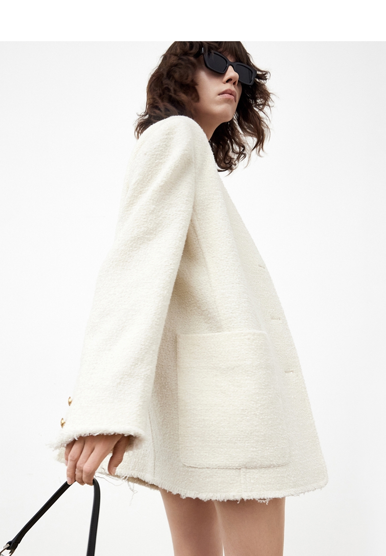 moco2021秋新品无领大口袋须边宽松花白呢外套 摩安珂 米白色 m/165