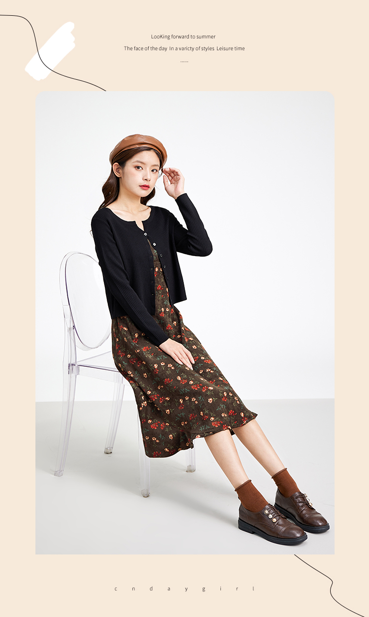 ief爱依服复古港风套装女2021秋季新款吊带灯芯绒碎花裙针织开衫2803