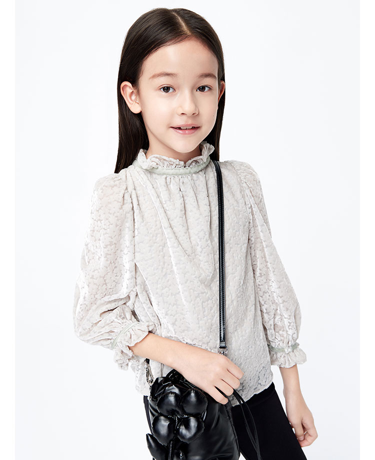 littlemoco童装2021秋装新款儿童木耳花边领上衣女童暗纹花朵浅蟹灰色