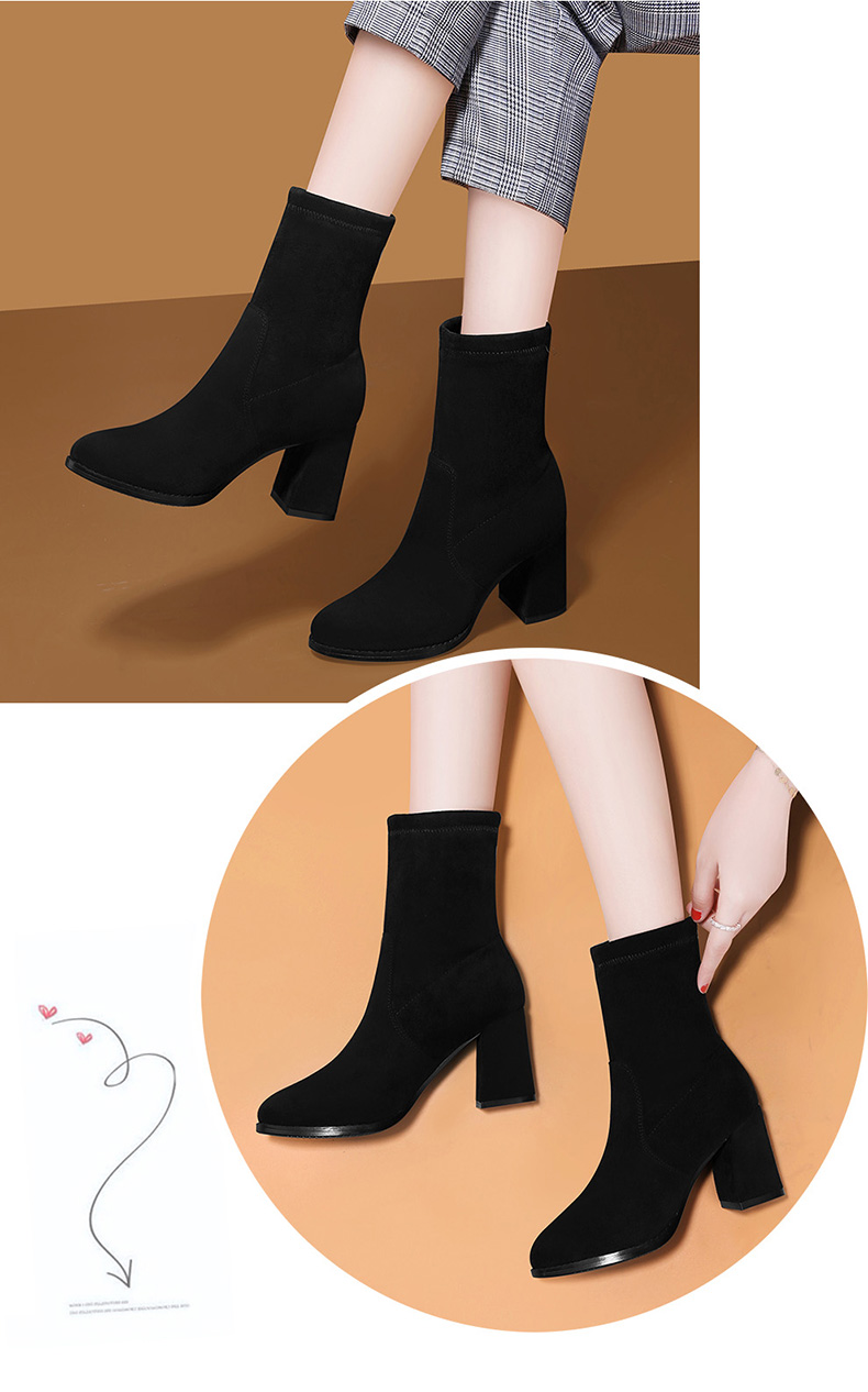 女士半高跟半筒靴半桶靴新款女士加绒靴子中筒靴马丁女鞋秋冬粗跟磨砂