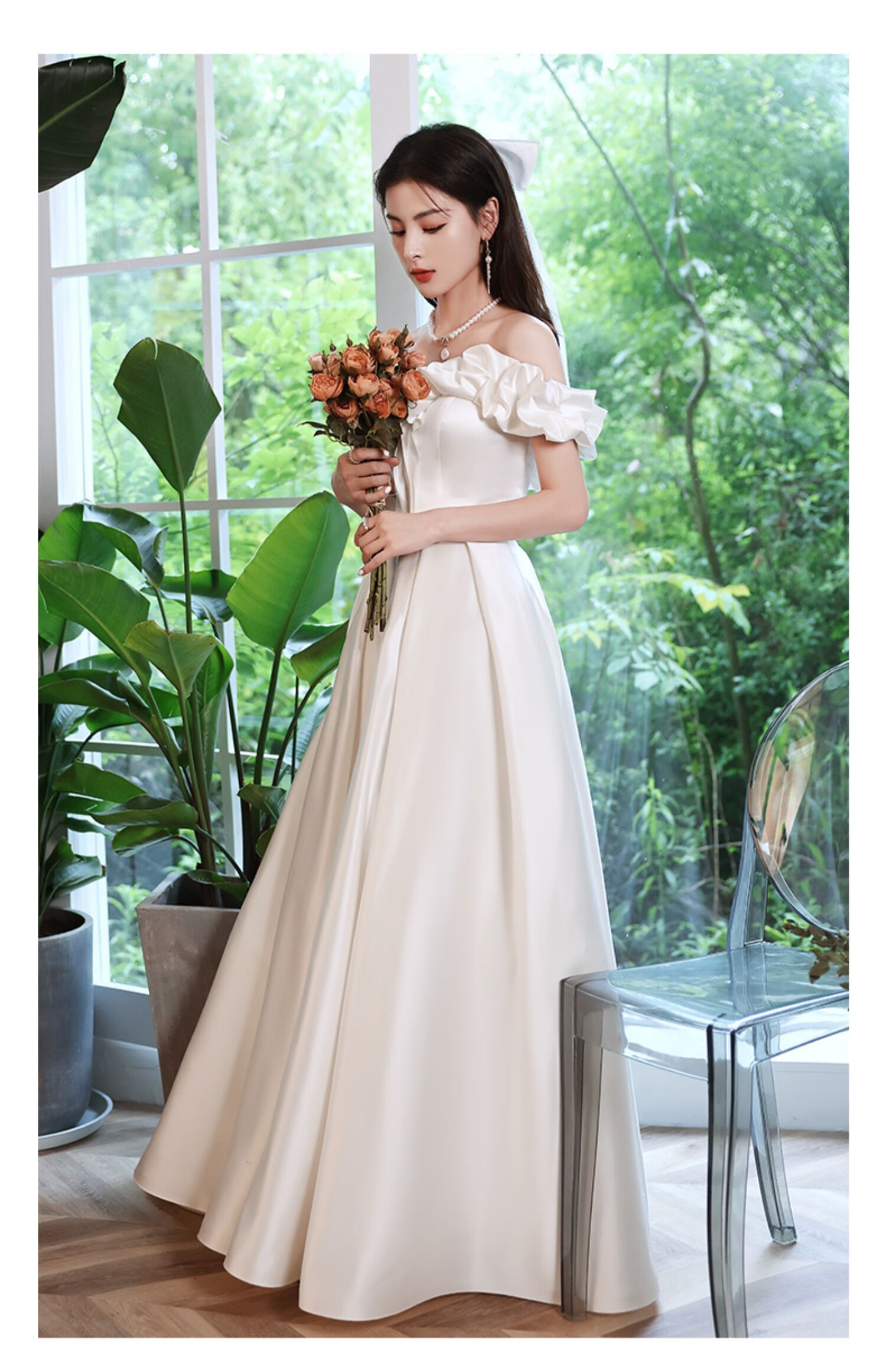 新娘轻婚纱法式轻婚纱缎面晚礼服感新娘白色一字肩订婚裙高端轻奢出门