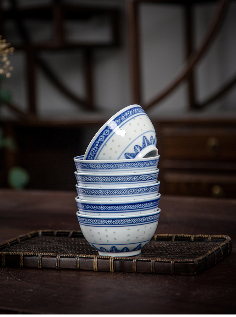 瓷碗青花瓷碗家用米饭碗中式传统复古5英寸釉下彩十个装陶瓷老式饭碗