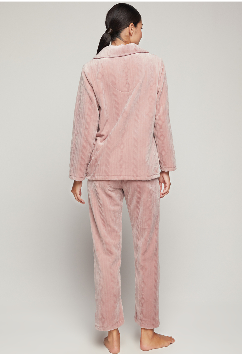 爱慕睡衣女士家居服珊瑚倾心开襟长袖长裤分身套装am466401蓝色8ha170