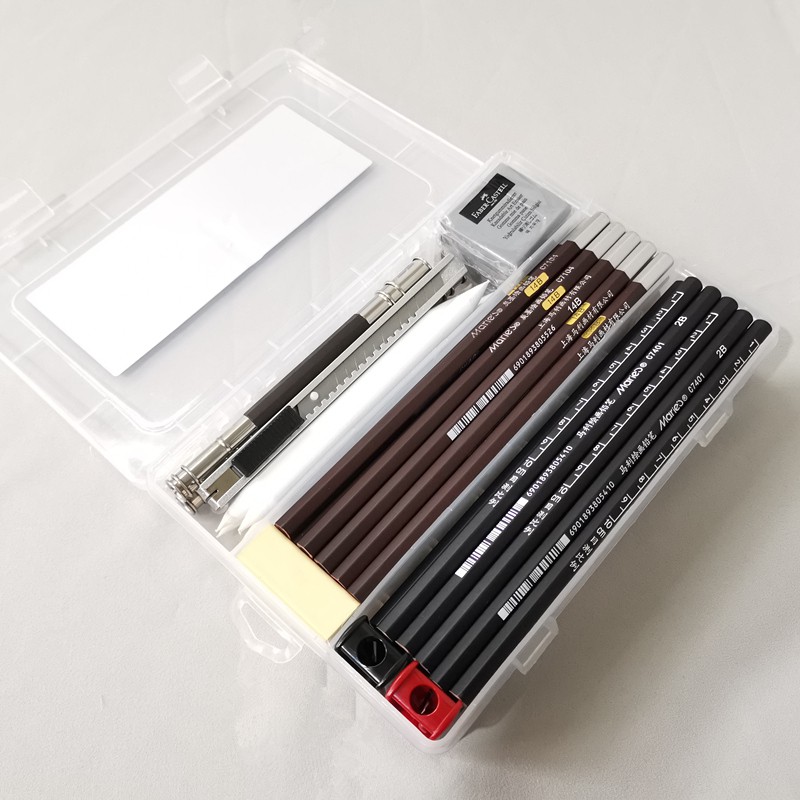 渡川舟文创美术素描铅笔盒橡皮炭笔收纳盒储物工具箱三格小号透明文具