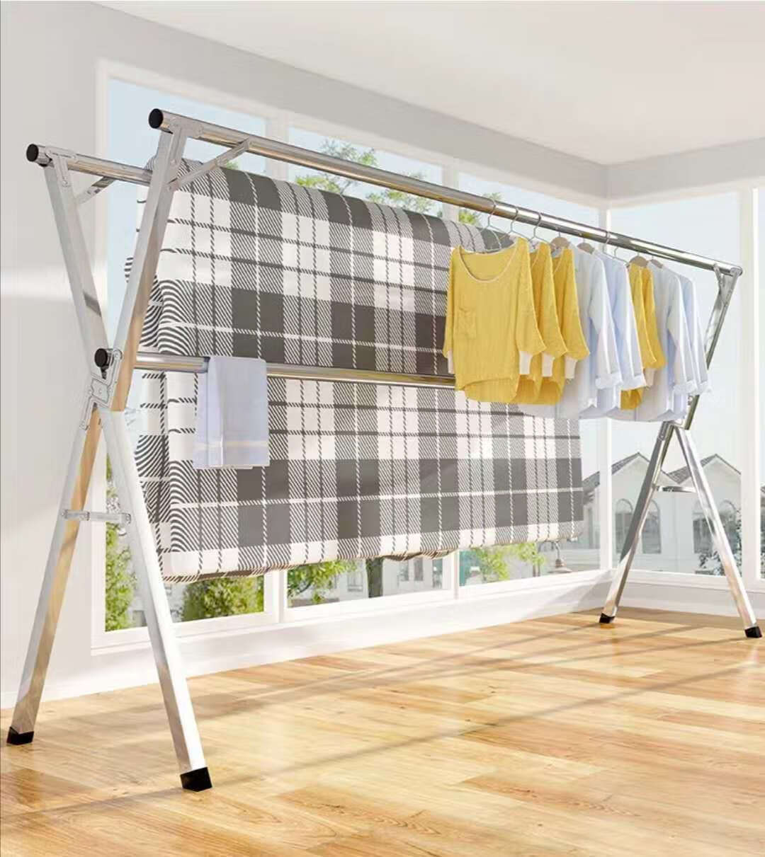 不锈钢晾衣架室内外落地折叠晒衣架双杆晒被阳台挂衣架x型晾衣杆 加厚