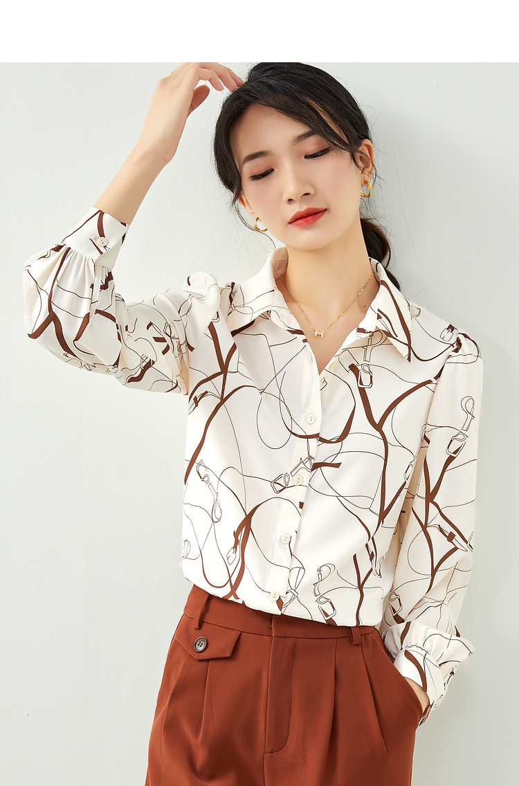 比拉抽象印花衬衫女早秋休闲长袖上衣设计感小众复古衬衣 杏底花色 xl