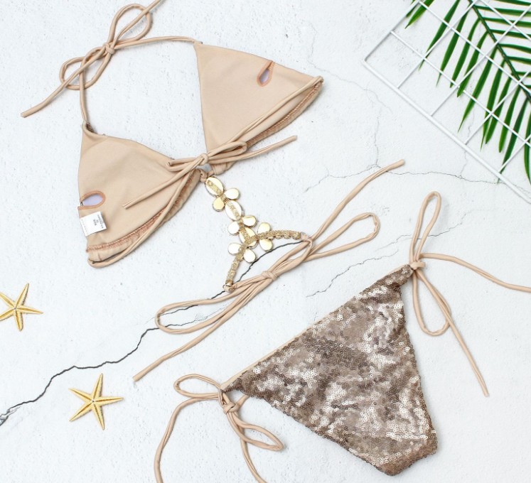 品牌网红同款人鱼亮片比基尼三点式性感闪闪水钻大小胸聚拢度假泳衣女