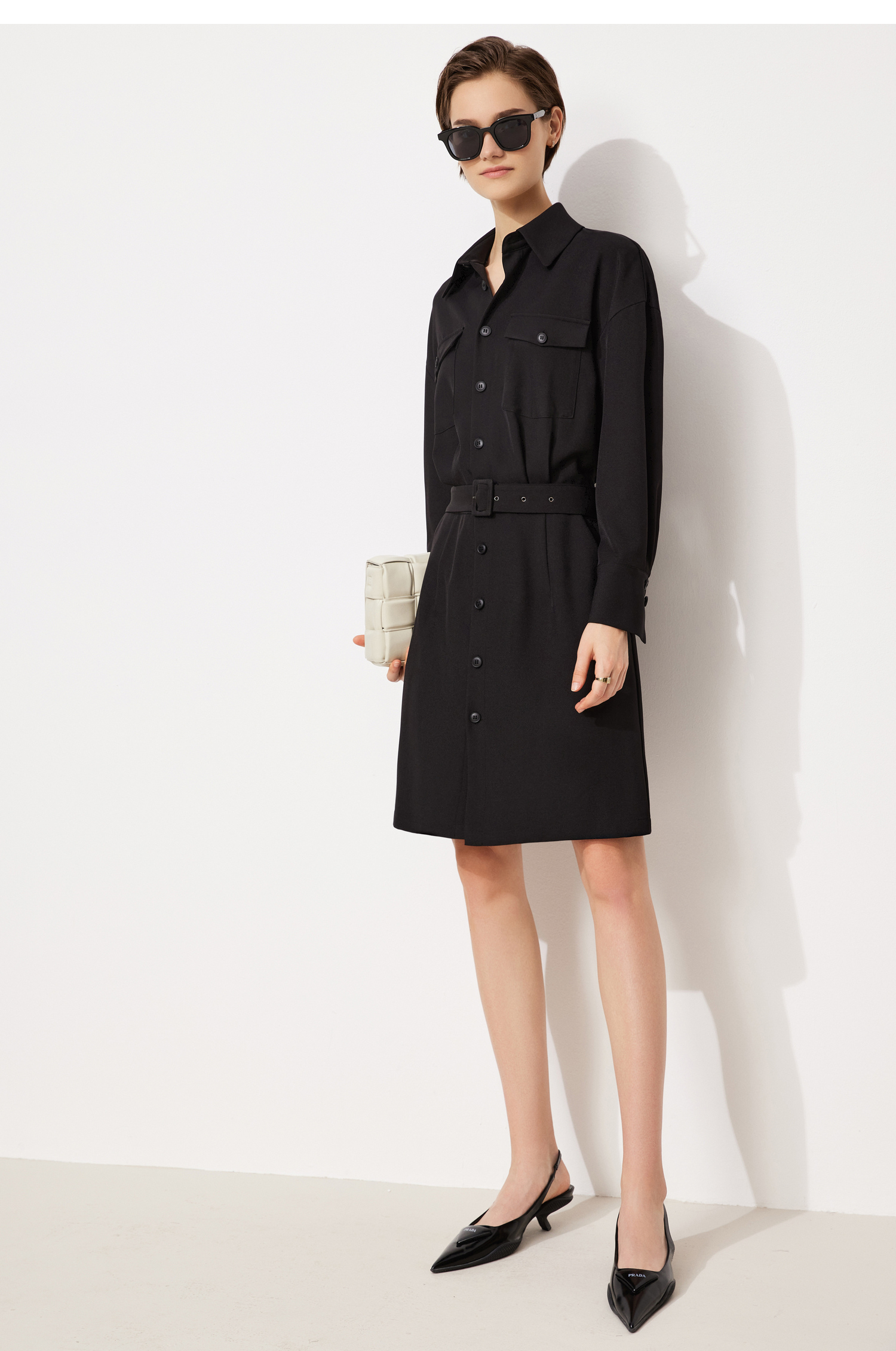 amii极简工装风港味连衣裙2021秋新款衬衫领配腰带雪纺梭织裙子 黑色