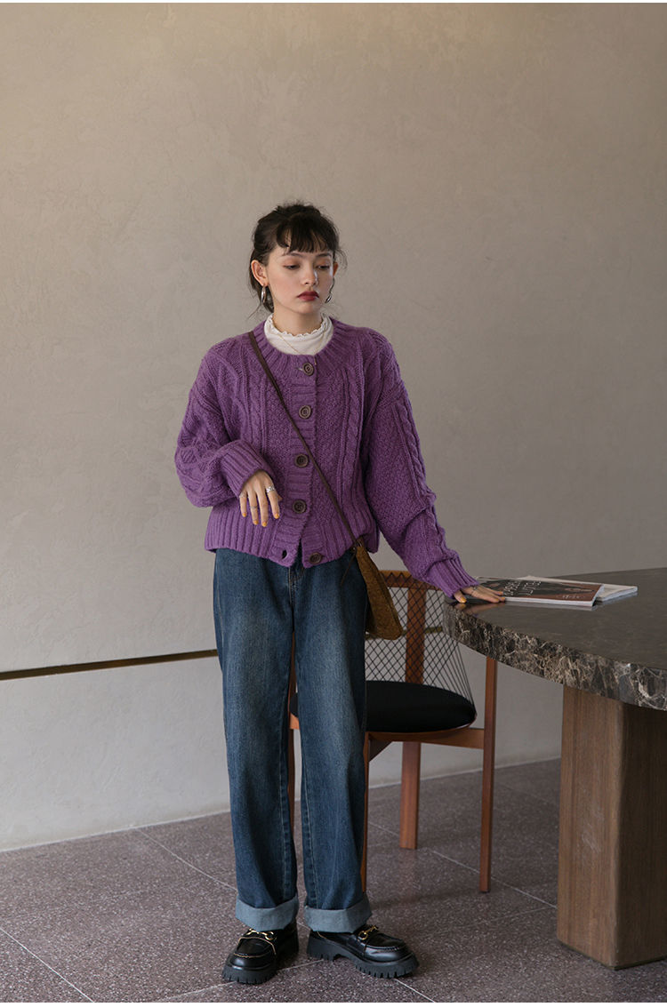 古着日系毛衣外套女秋冬外穿复古百搭短款上衣墨绿紫色针织开衫sn2017