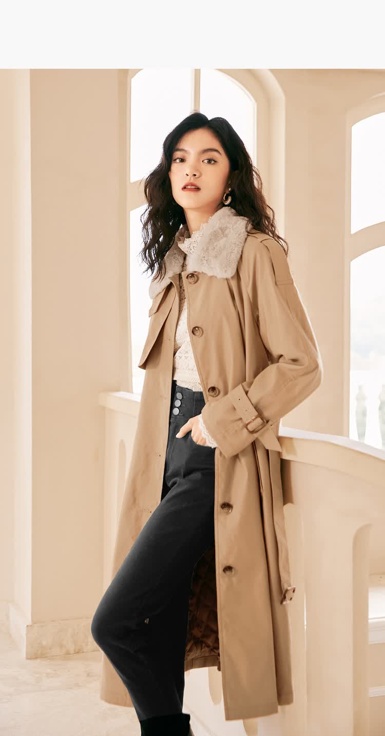 伊芙丽2021年秋装新款外套中长款毛领厚款收腰卡其色风衣大衣女浅卡其