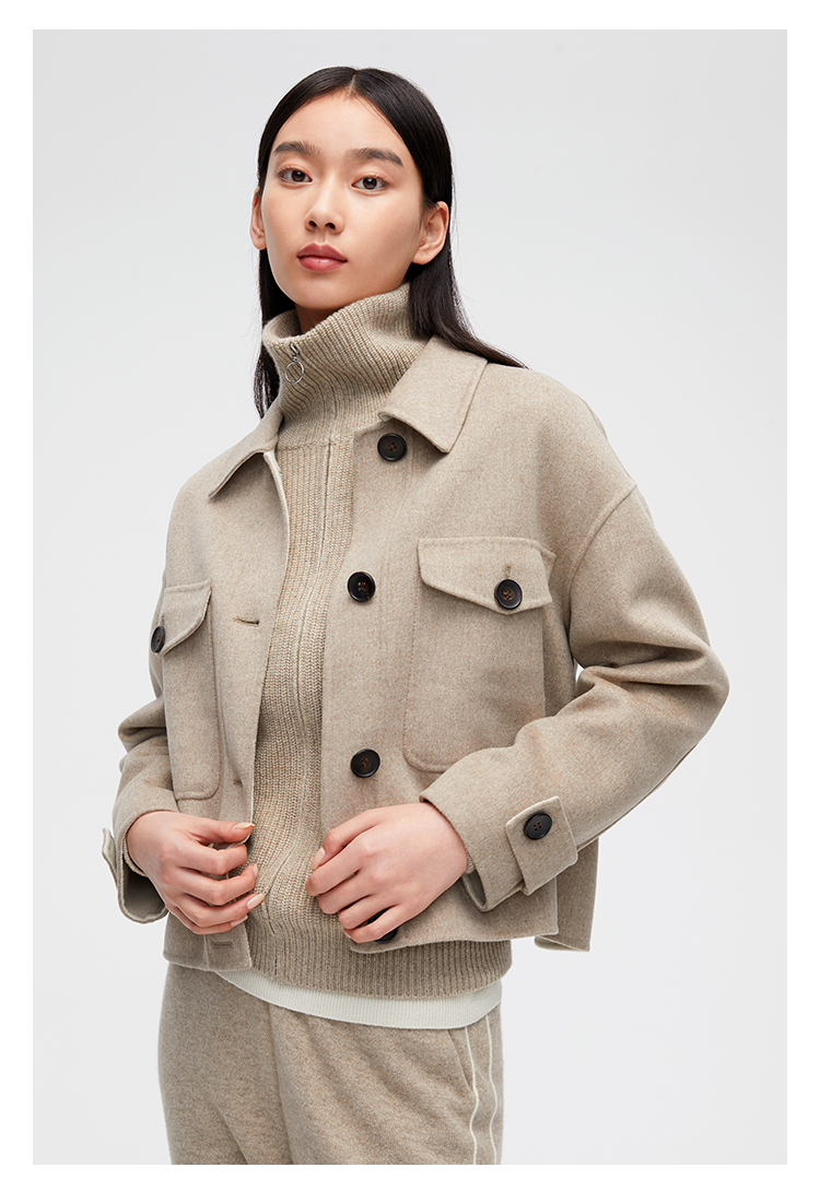 zb珍贝羊毛羊绒外套2021冬季新款双面呢大衣通勤ol单排扣纯色005燕麦