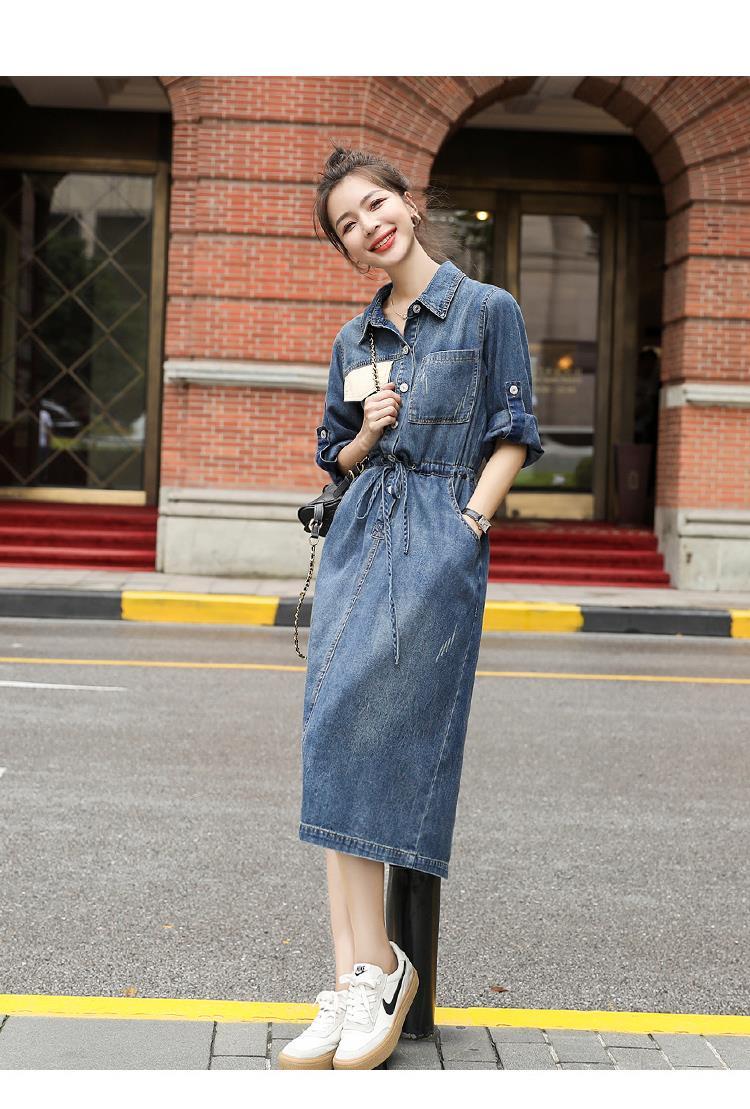 长袖牛仔连衣裙女中长款2021秋装新款韩版收腰显瘦开叉牛仔裙过膝 蓝