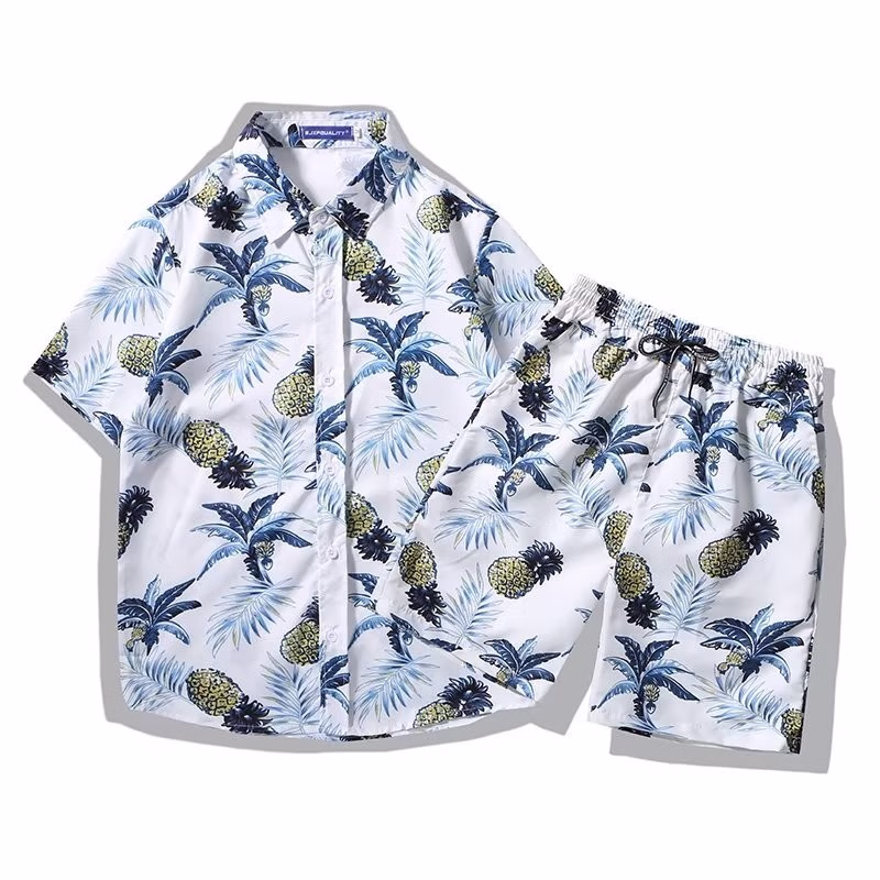 Casual Printed Shirt Men's Summer Beach Shorts Short-sleeved Two-piece Suit Loose Trend Handsome Hawaiian Vacation Shirt Men_viptrois.com
