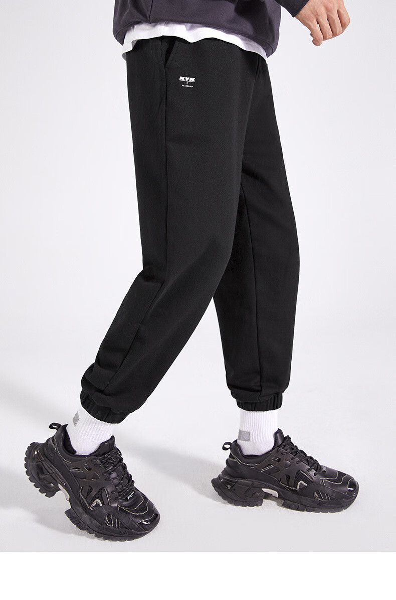 太平鸟男装卫裤新款潮流休闲裤黑色束脚裤男印花休闲长裤黑色xl