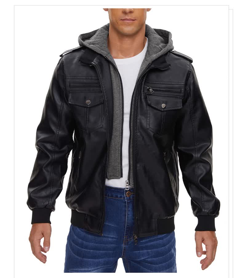 策博格外套男秋冬新款带帽机车皮衣男防风潮流皮夹克休闲男装上衣棕色