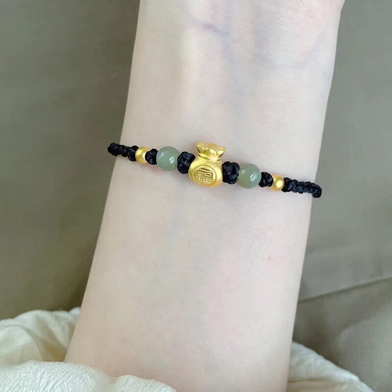 老凤凰 黄金福袋手链女999足金转运珠手工编织元宝手绳猫眼金珠首饰品