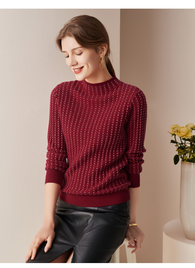 兆君2021秋冬夹色花型羊绒衫女外穿休闲保暖毛衣打底针织衫浅米色105l