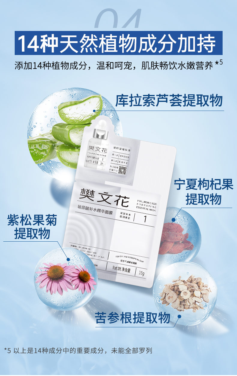 樊文花1号玻尿酸补水精华面膜深层持久水光保湿舒缓干燥肌肤贴片式20