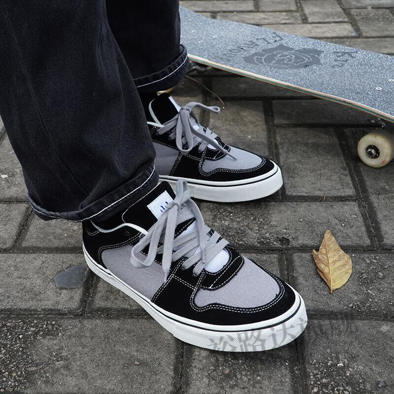 旗舰顽刻ollieskate黑灰帆布翻毛皮休闲透气耐磨系带低帮男女滑板鞋