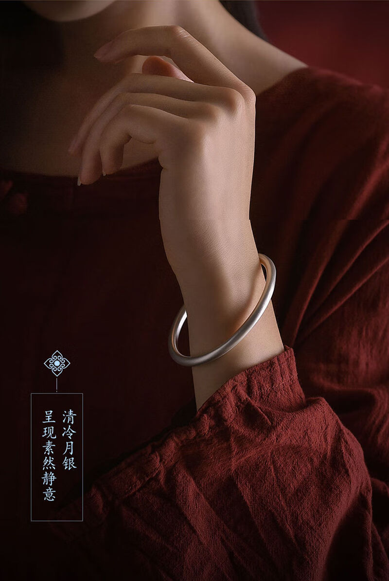 余今9999古法传承万手镯女银手工光面实心闭口简约情侣款生日七夕情人