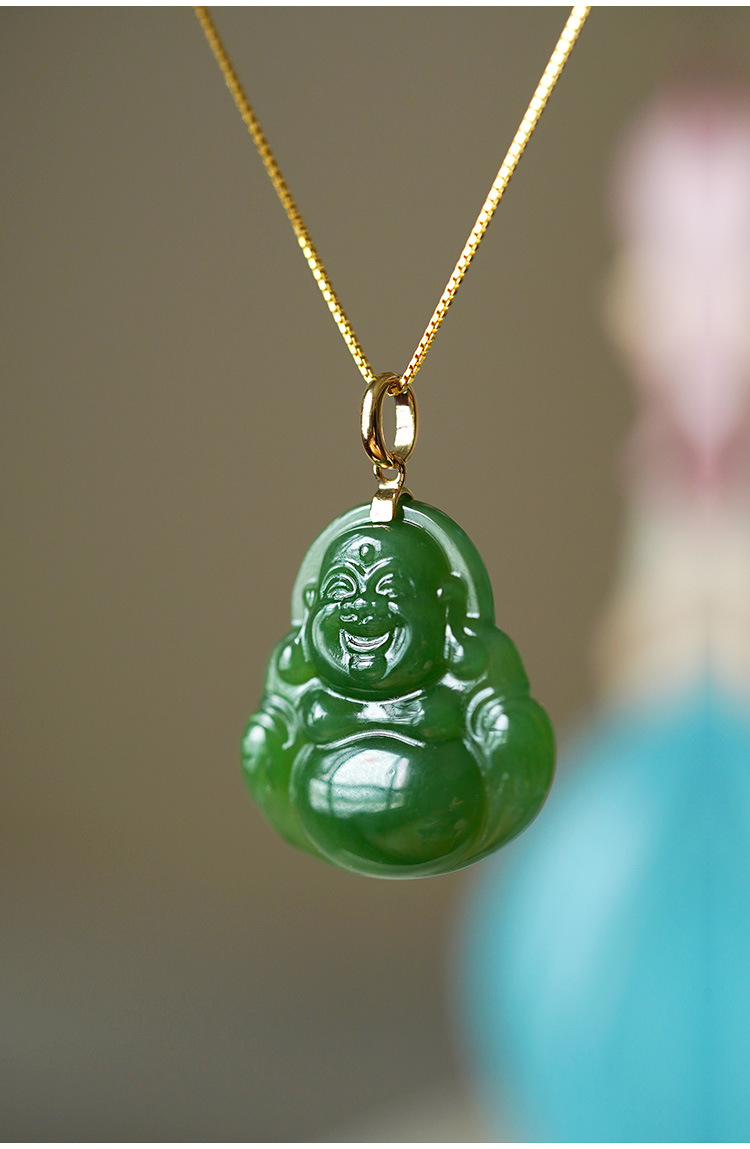 金玉兰香和田玉碧玉吊坠14k包金扣头挂坠弥勒佛项链锁骨链民族风饰品