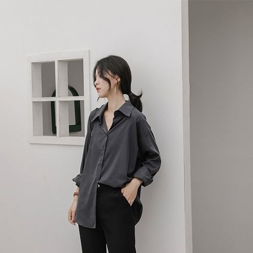 冷淡风复古质感垂感灰色衬衫女宽松长袖慵懒春秋外套港味百搭衬衣sn