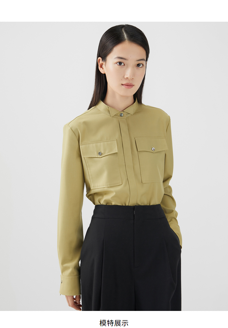 播冬季新款休闲设计感纯色简约圆立领贴胸袋衬衫女bdo9cd9476l30伊甸