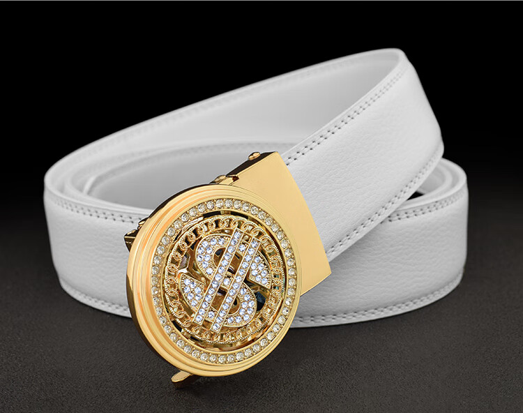 jhbee-会转的皮带男宽腰带十字扣头皮休闲裤带韩风潮流自动扣 白皮金