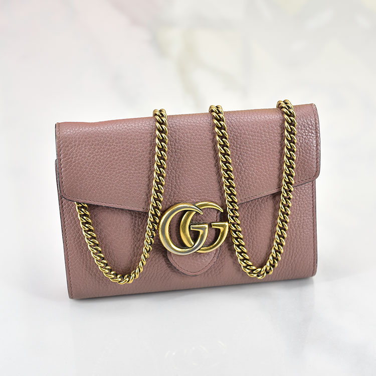 二手9成新古驰gucci荔枝纹牛皮裸粉色ggmarmont系列woc链条包单肩斜