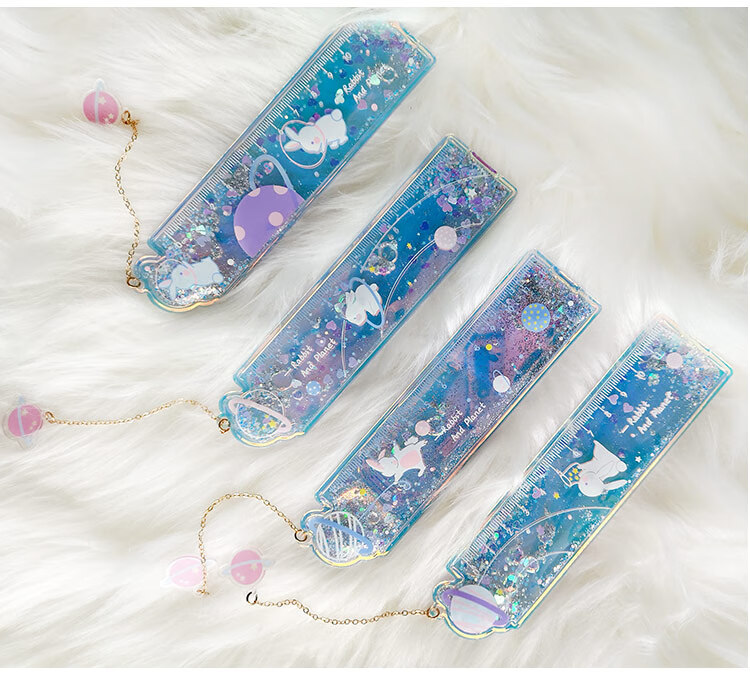 少女心入油流沙书签尺兔子挂坠多功能刻度尺子学生直尺可爱手帐尺红色