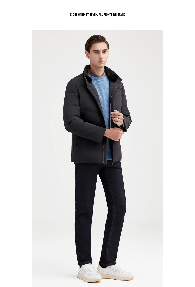 q尼克服柒牌男装长袖立领外套商务青年可拆卸内胆羽绒皮草大衣121jj