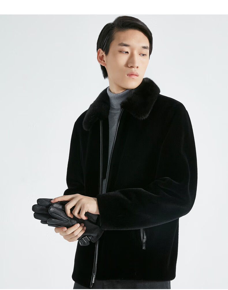 劲霸男装 休闲时尚翻领100%绵羊毛简约水貂领冬季皮草服bphc4304 黑色