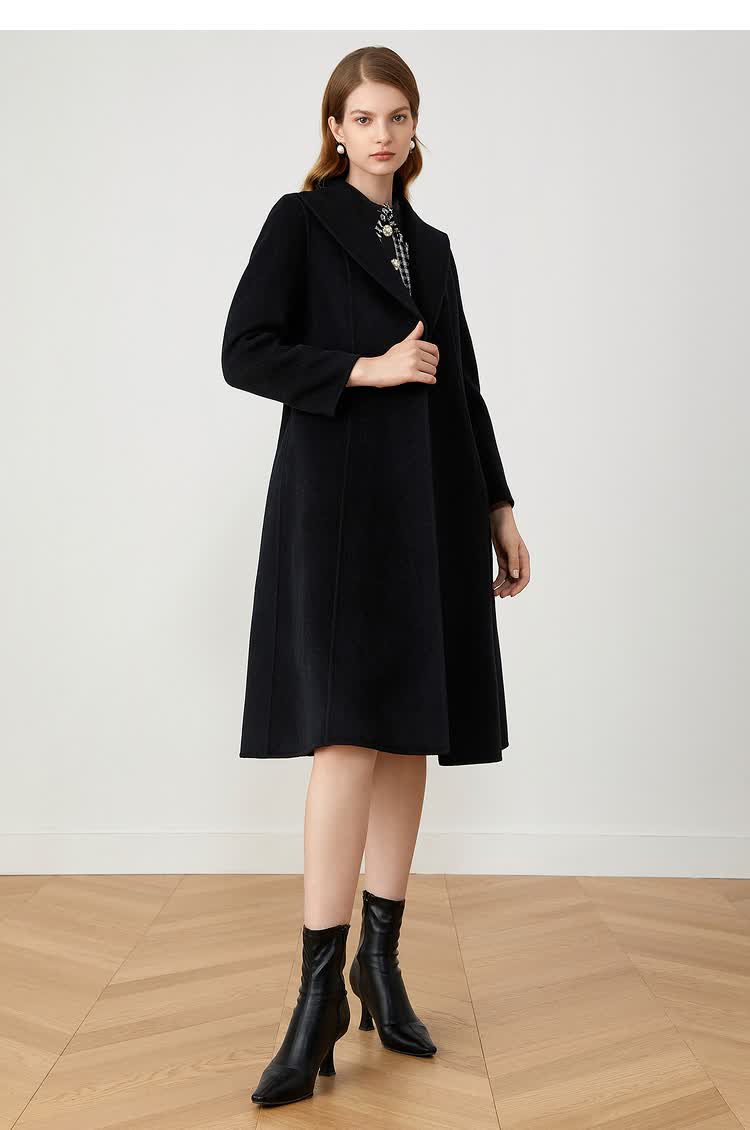 影儿yiner音儿女装2021冬季新款中长款羊毛毛呢外套 黑色 38